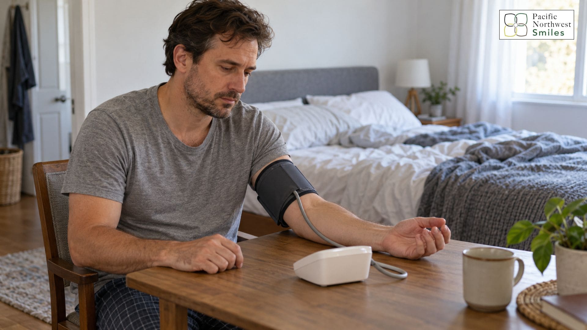 Adult man checking his blood pressure at home with an upper-arm monitor beside his bed.