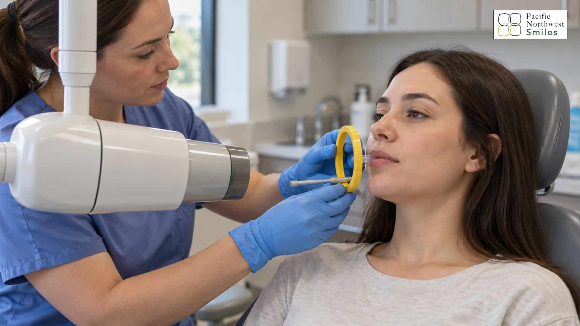 woman taking dental xray examination